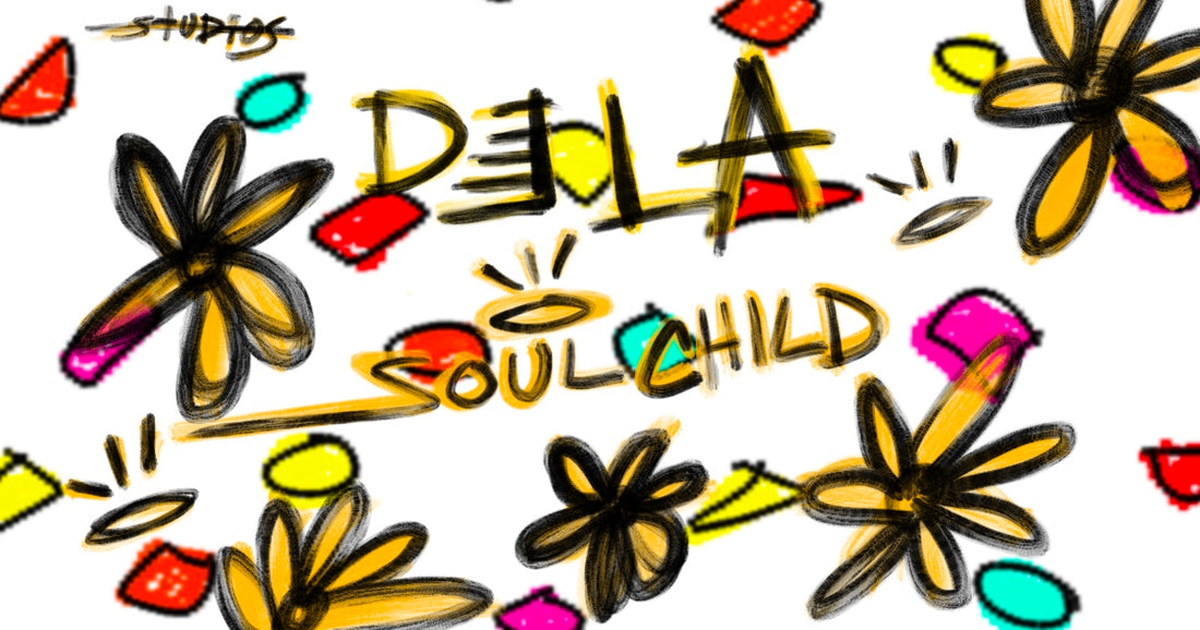 This is the top banner of the website Shop.DeLaSoulChild that reads De La Soul Child with the artists' signature halo above the word Soul. This banner also includes the word studio on the top left, crossed out. The banner is colorful and has five abstract orange flowers and various fragmented shapes, also called fragments of the soul, which are in various colors like red, yellow, baby blue, and pink.